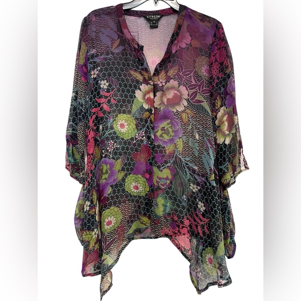 Citron Silk Vibrant Floral Sheer Blouse - Purple, Pink, Green Sz M